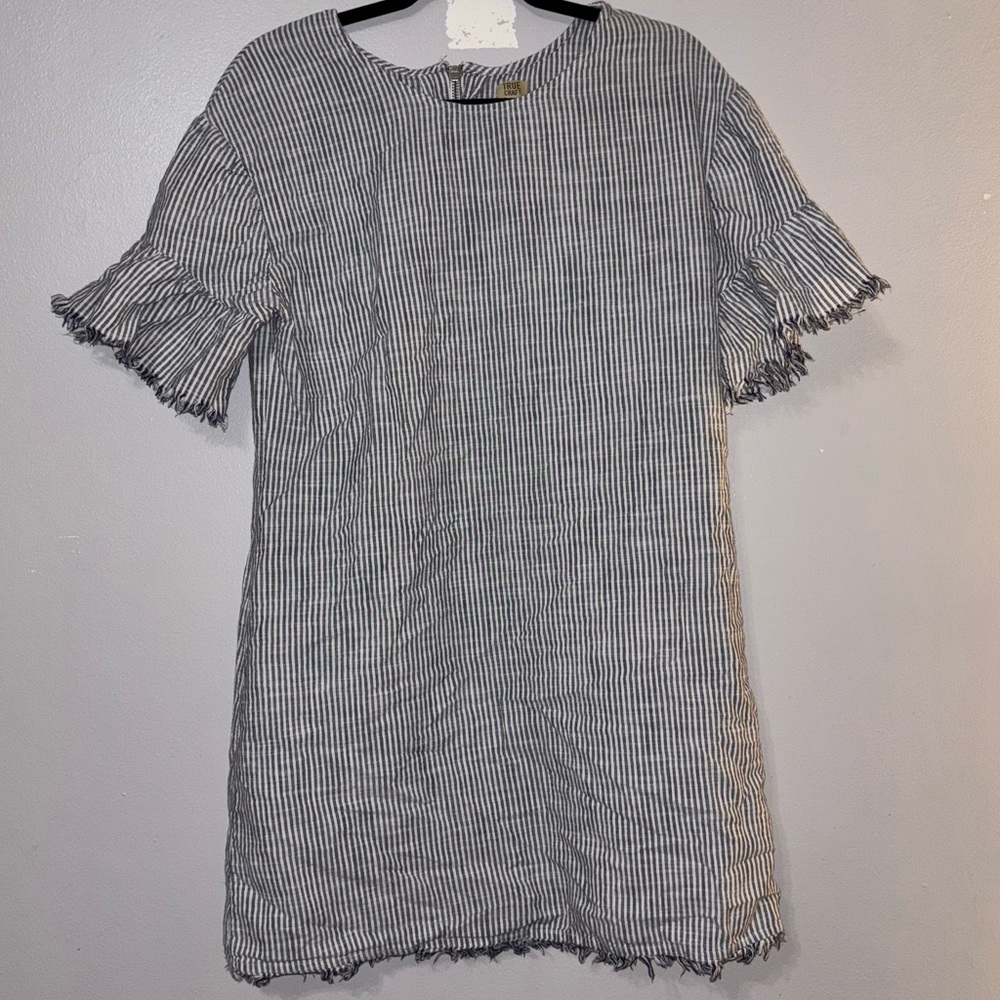 True Craft Striped Blue & White Dress Fringe Edge Hem Mini Cotton Women’s Medium